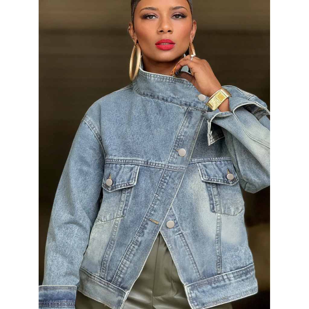 Jaqueta curta jeans2026 europeu americano novo estilo feminino rua motocicleta lavada gola jeans jaqueta curta