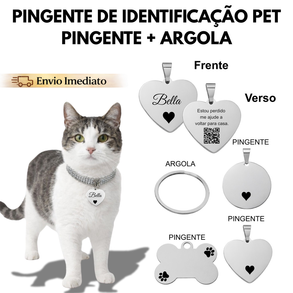 Pingente De Identificação Gatos Pet Personalizado Nome Qr Code Frase Prata Frente Verso Acessório