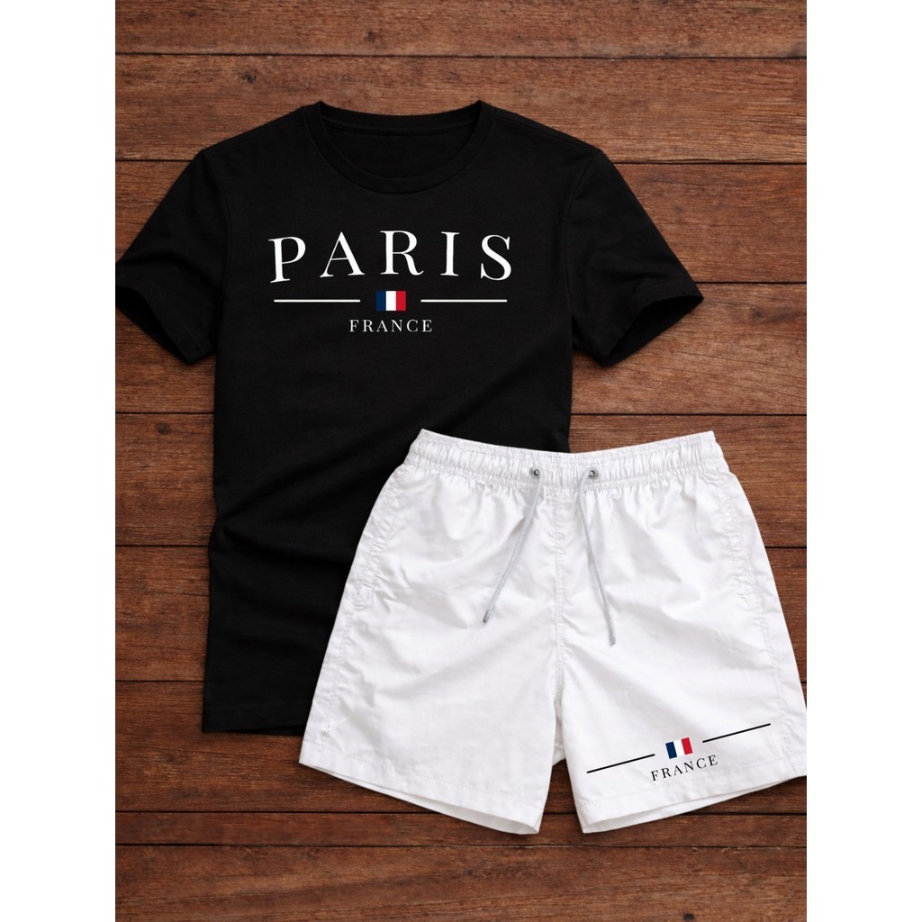 Conjunto Camiseta Paris France 100% Algodão + Short Tactel Masculino Lançamento Promoção