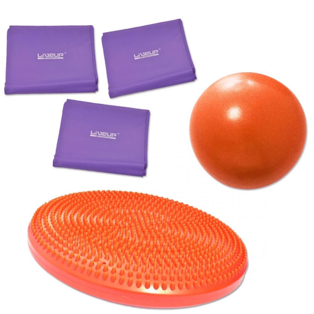 Kit 5 Peças Treino Funcional: Disco de Equilíbrio + Overball 25cm e 3 Faixas Elásticas Tensão Média
