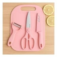 Kit 4 Utensílios Cozinha Descascador Faca Inox Tábua Tesoura Cortador Afiado