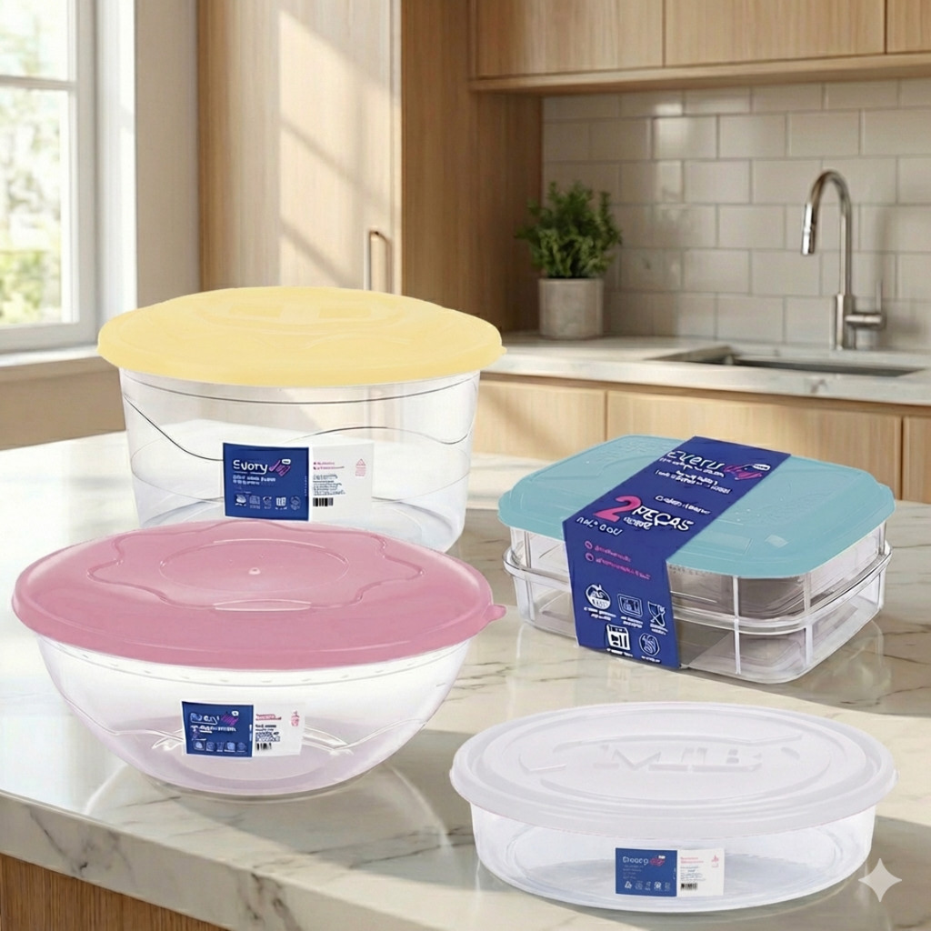Kit Potes Mantimentos Plástico Premium 4 Peças Porta Frios Duplo Saladeira Grande Torteira