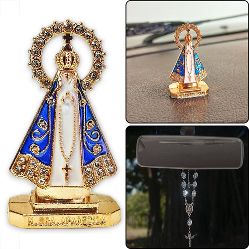 Kit Santinha Imagem Nossa Senhora Aparecida E Dezena Carro Dourado