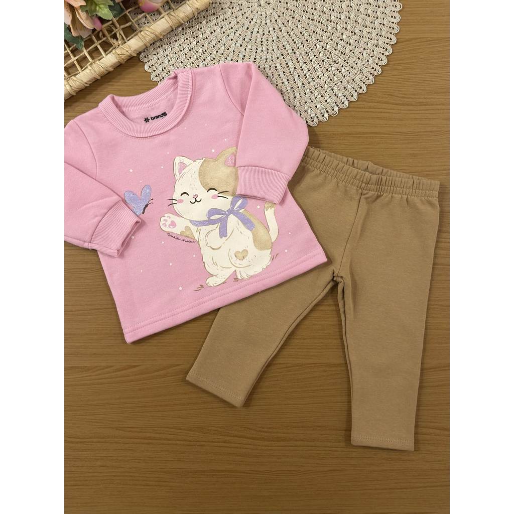 Conjunto Infantil Menina Brandili com Legging e Moletom Flanelado Rosa Gatinho