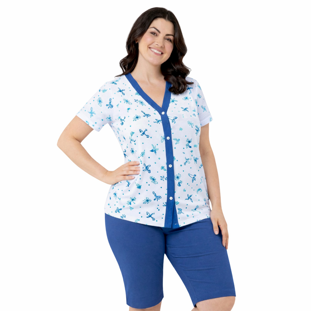Pijama Feminino Com Botões Manga Curta Senhora Pescador Aberto Bermuda Confortável Verão