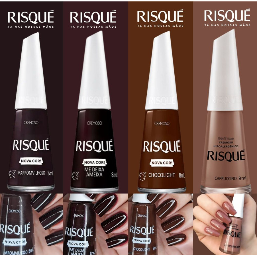 Kit 4 Esmaltes Risqué Novas Cores Cremosas Tons Terrosos Marrom Nude Esmalte Atacado