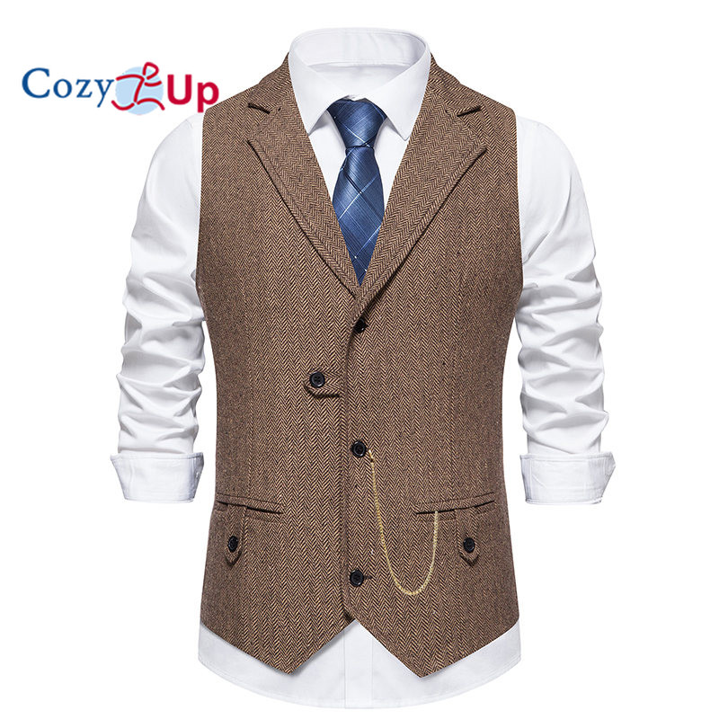 Colete Masculino Vintage De Tweed Espinha De Peixe Aconchegante Tamanho Americano – Formal Com Lapela Entalhada E Peito 