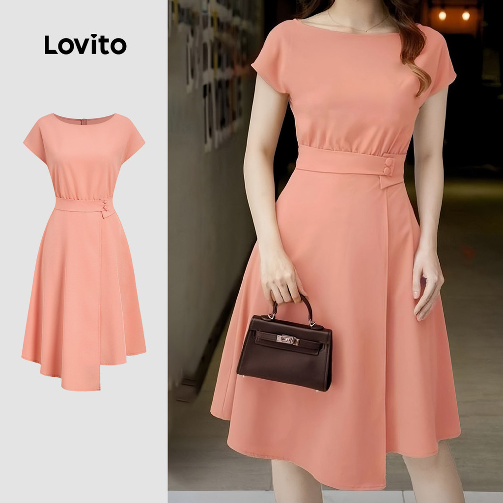 Lovito Elegante Vestido Feminino com Cinto e Botão Assimétrico Cor-de-rosa coral L177AD104