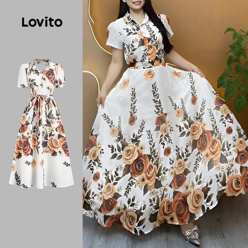 Lovito  Vestido Feminino Casual com Botões Frontais e Cinto Primavera/Verão L178LD054