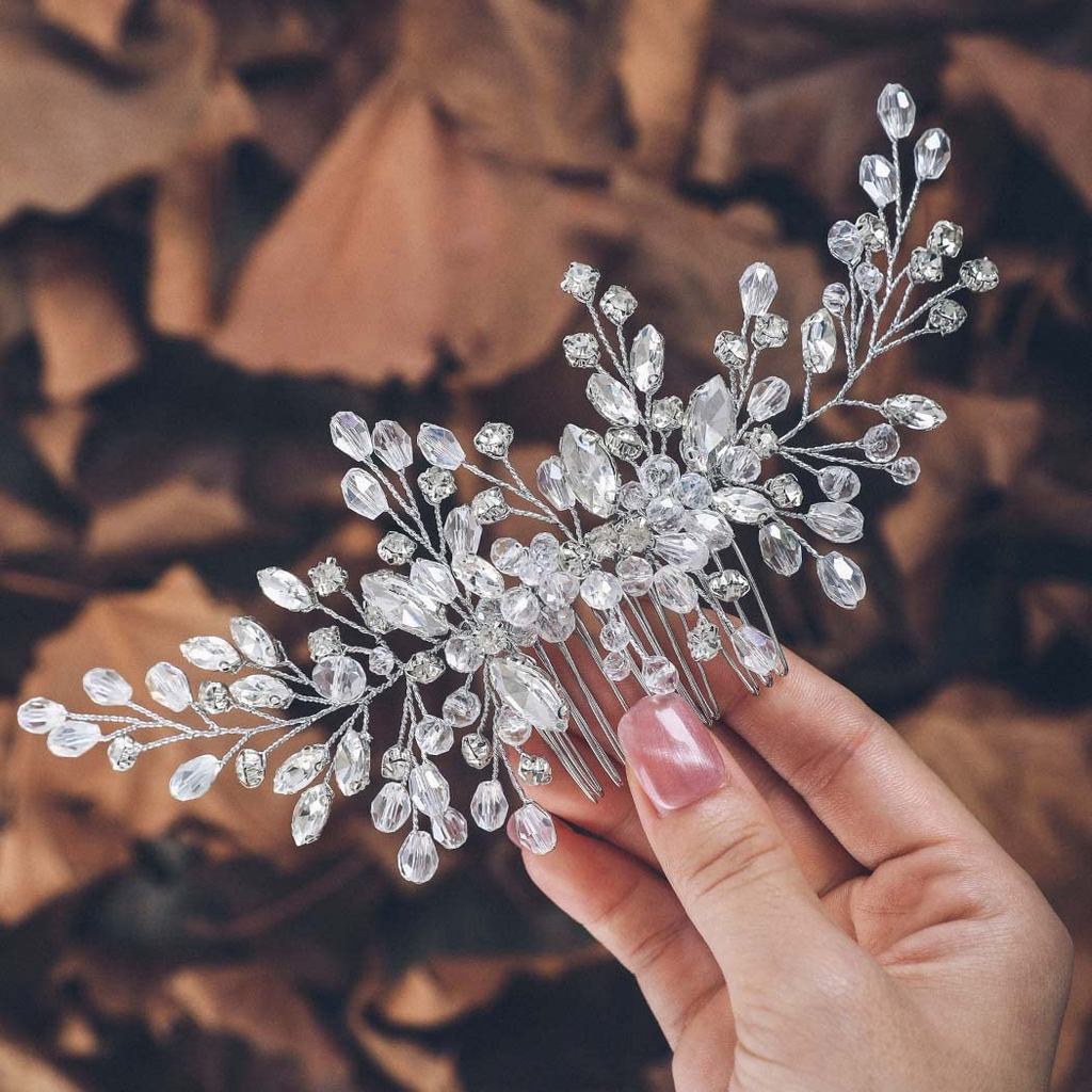 Pente de Cabelo Unicra Silver Bride com Strass, Acessório de Cabelo de Noiva com Cristais, Joia de Cabelo para Mulheres