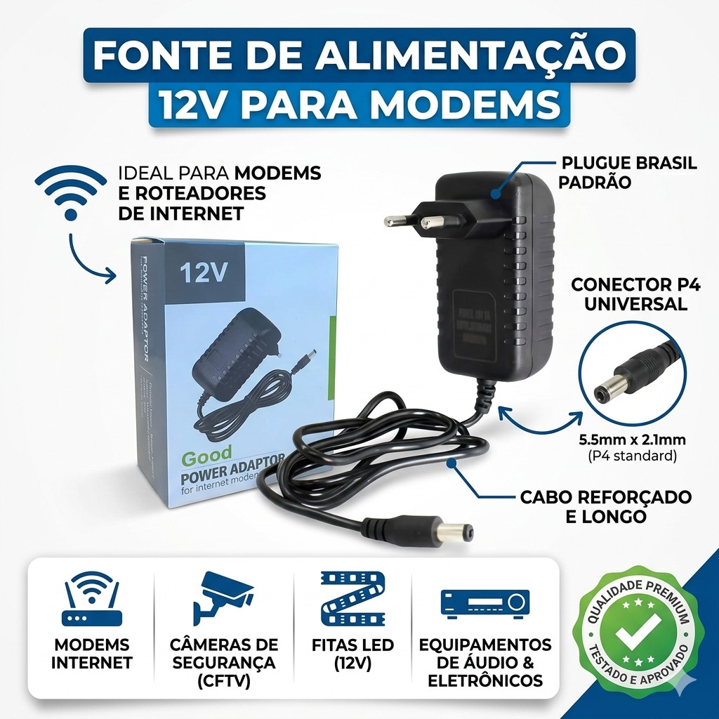 Fonte De Alimentação 12V 2A Bivolt  P/ Fita Led Cameras CFTV