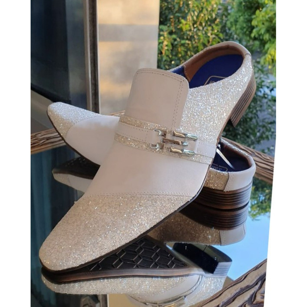 Mule Babuche Masculino Couro Legítimo Glitter Branco Bico Fino