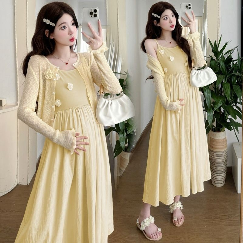 Mulheres grávidas High-End sentimento terno de duas peças 2025 Design sentimento tridimensional flor estilingue vestido 