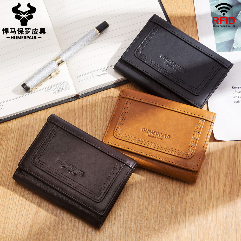 RFID bloqueando carteira curta de couro genuíno masculina porta cartão dobrável couro