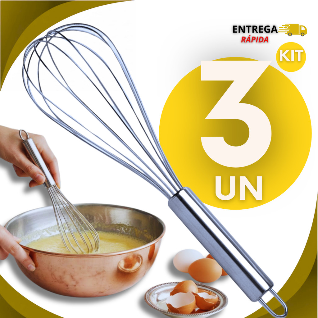 03 Peças Batedor De Ovos Bate Claras Creme Fouet Fue Aço Inox 24cm Casa Cozinha Utilidades