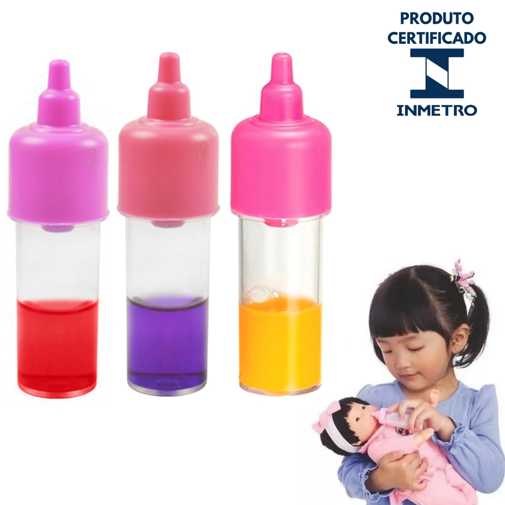 Kit 3 Mamadeiras Magica Brinquedo Boneca Suco Laranja  Uva Morango Bebe Reborn Boneco
