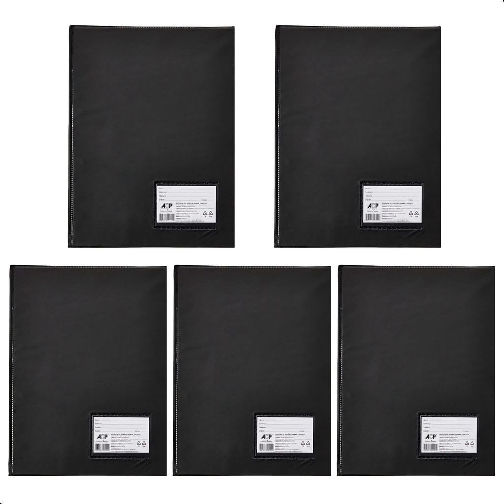 Kit 5 Pastas Catálogo A4 Preta com 10 Plásticos e Visor - Ideal para Escritório