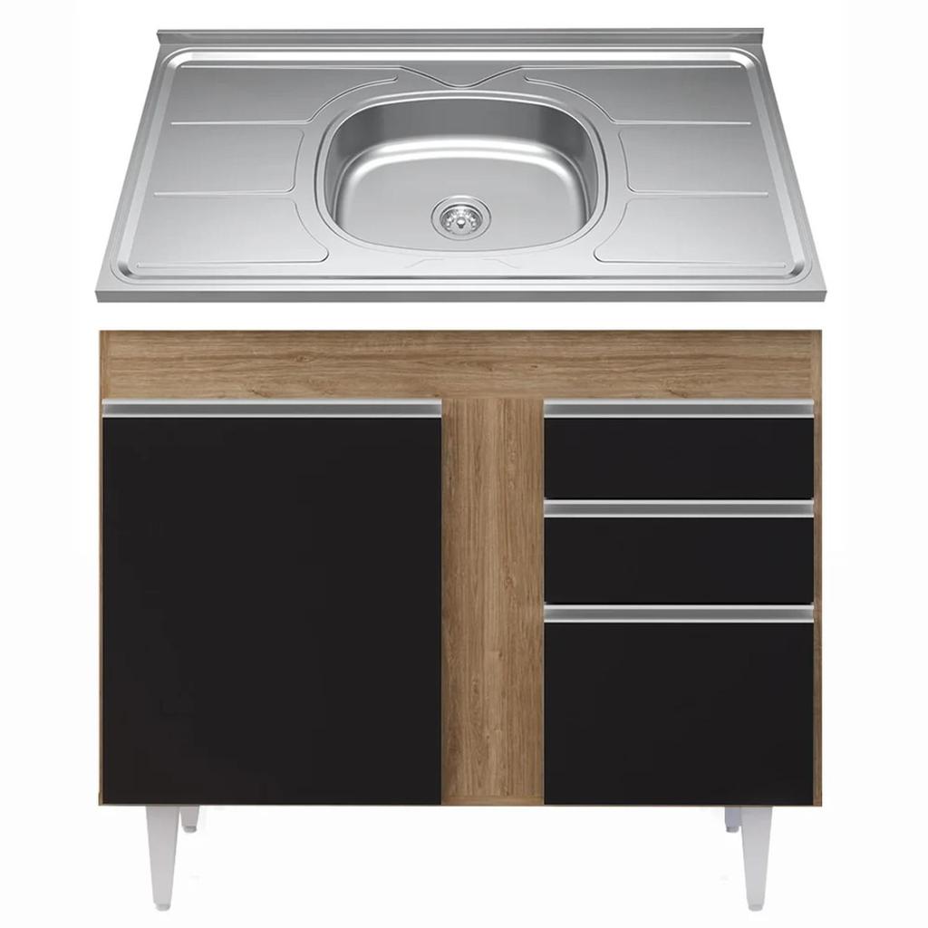 Balcão Gabinete Com Pia Inox 100cm 2 Portas 2 Gavetas Luziania Castanho/Preto - Lumil