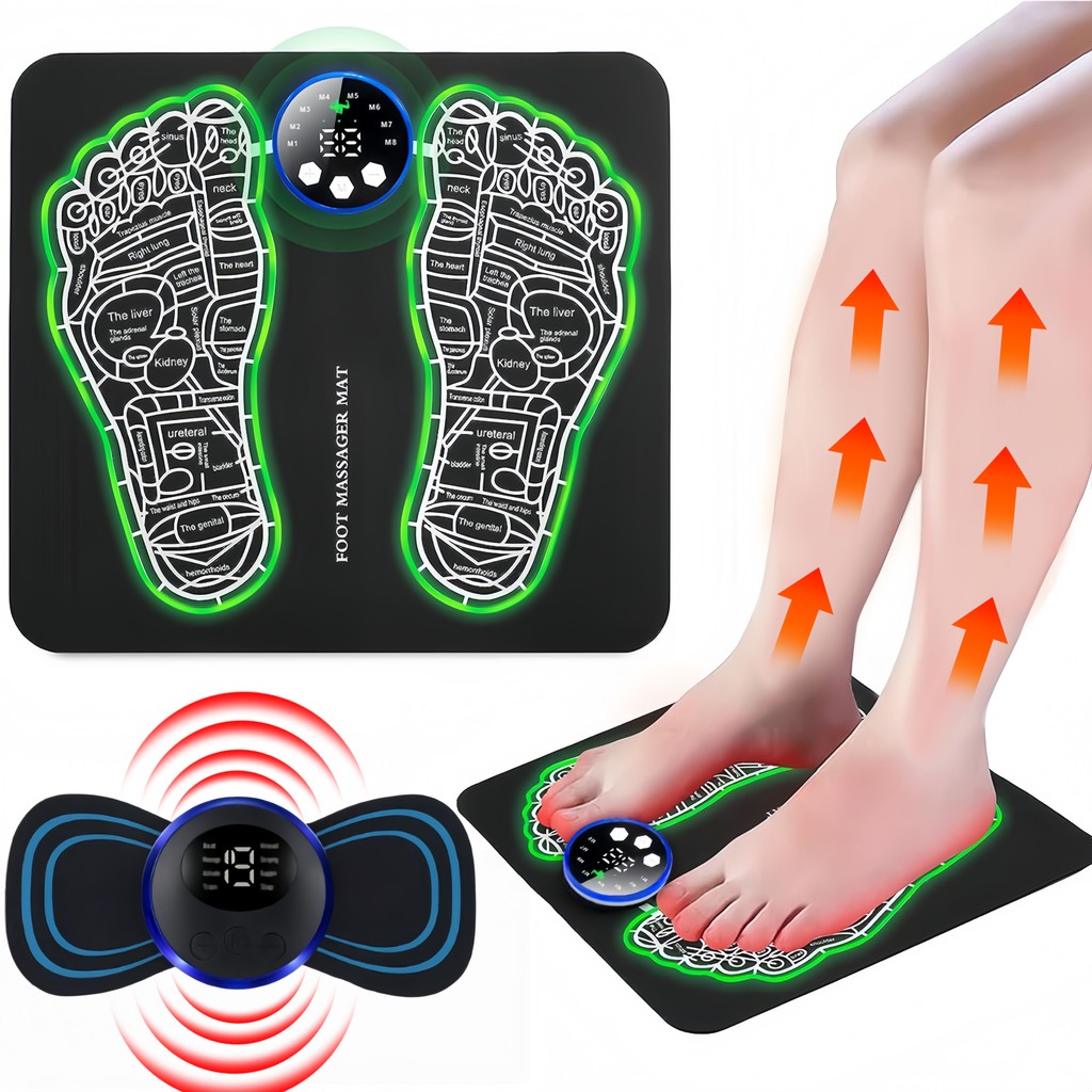 Kit Massageador Corporal + Tapete Massageador de Pés EMS – Elétrico, Portátil e Recarregável