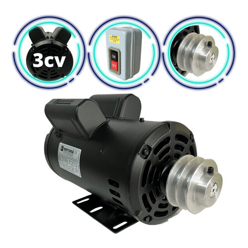 Motor Monofásico 3cv 2 Polos 110/220v IP21 Duplo Capacitor C/Polia e Chave Liga/Desliga Mercosul
