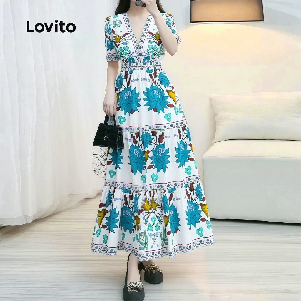 Lovito Vestido Boho com Zíper Primavera/verão Vestido Azul para mulheres L167LD047 em Oferta na Shopee