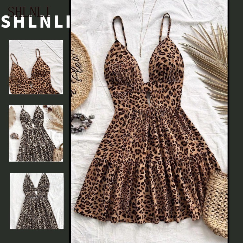 Primavera Verão Americano Fora Do Ombro Vestido Feminino Praia Leopardo Impressão Saia Casual em Oferta na Shopee