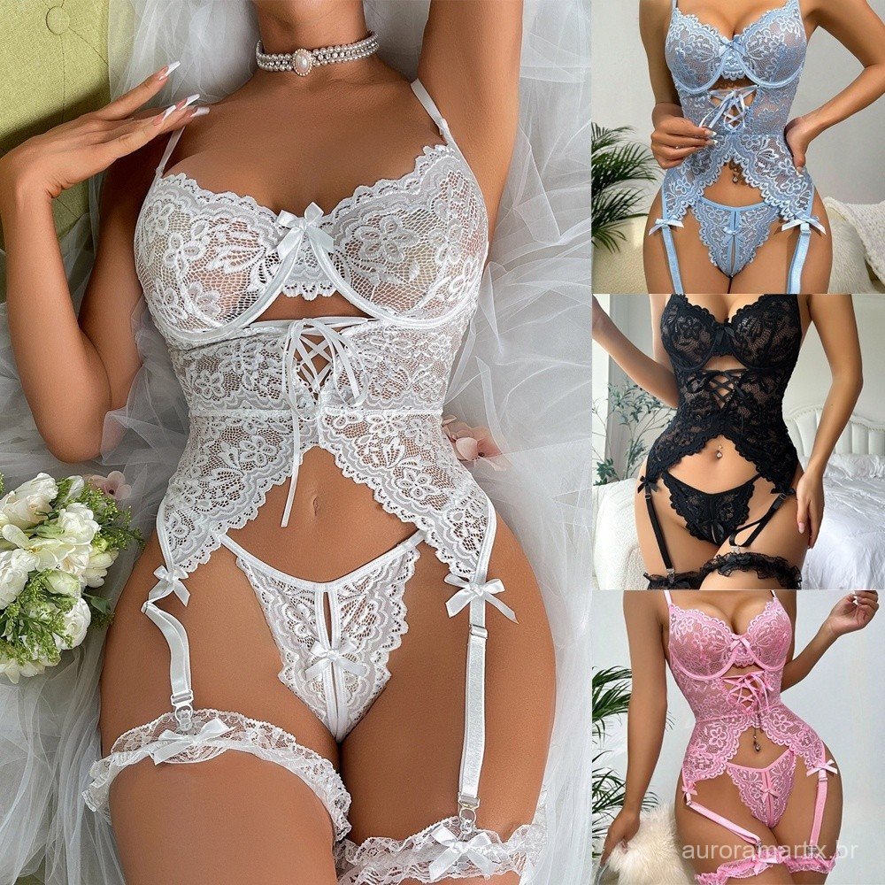 Novo Estilo Europeu Americano Lingerie Sexy Sutiã Fino Com Pernas Conjunto Renda Anel De Aço Costura Perspectiva