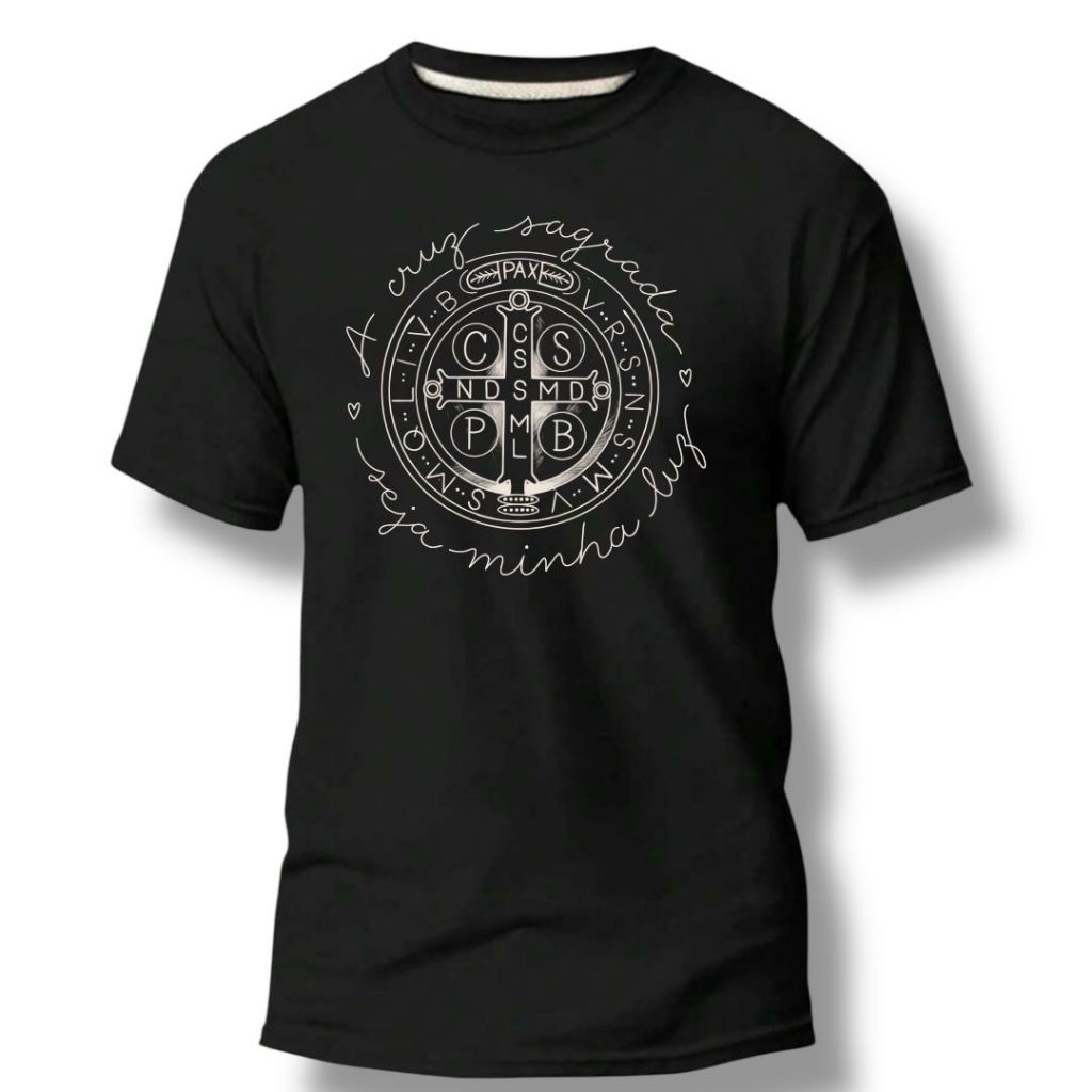 Camiseta de algodão com medalha de São Bento Católica em Oferta na Shopee