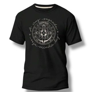 Camiseta de algodão com medalha de São Bento Católica em Oferta na Shopee