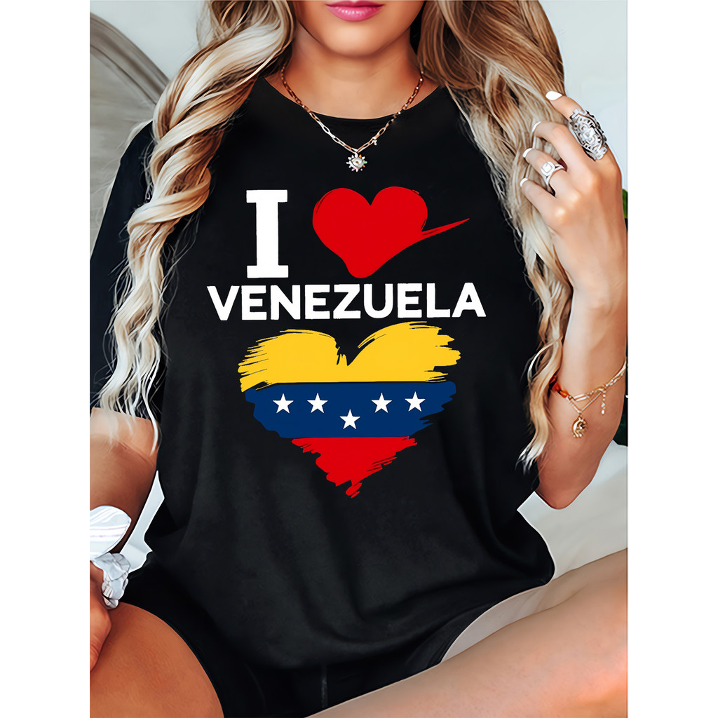 Camiseta Feminina Venezuela Bandeira Coração Estampa Patriótica Preta Branca Gola Redonda Manga Curta Confortável