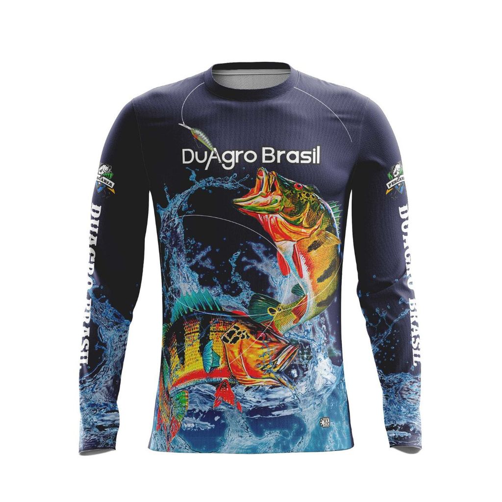 Camiseta Térmica Sublimada Manga Longa Duagro Pescaria Tucunaré Azul Suplex Dry UV