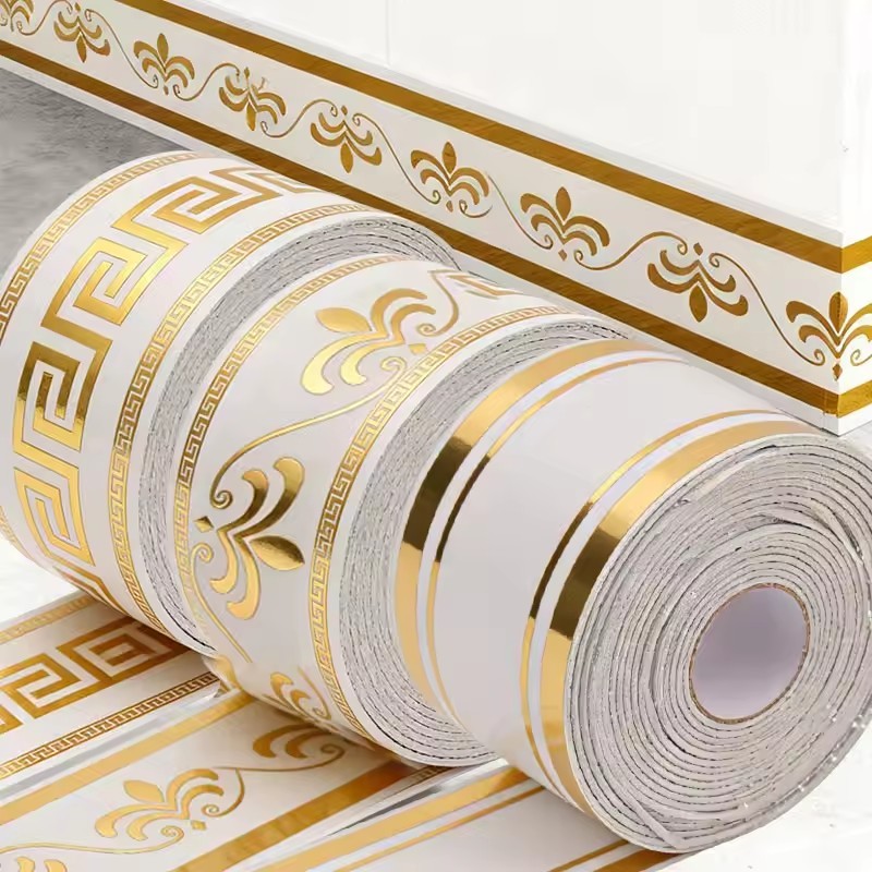 Adesivo De Rodapé De PVC Autoadesivo , Protetor De Borda De Piso Anticolisão À Prova D'água Com Padrão Dourado , Acabame