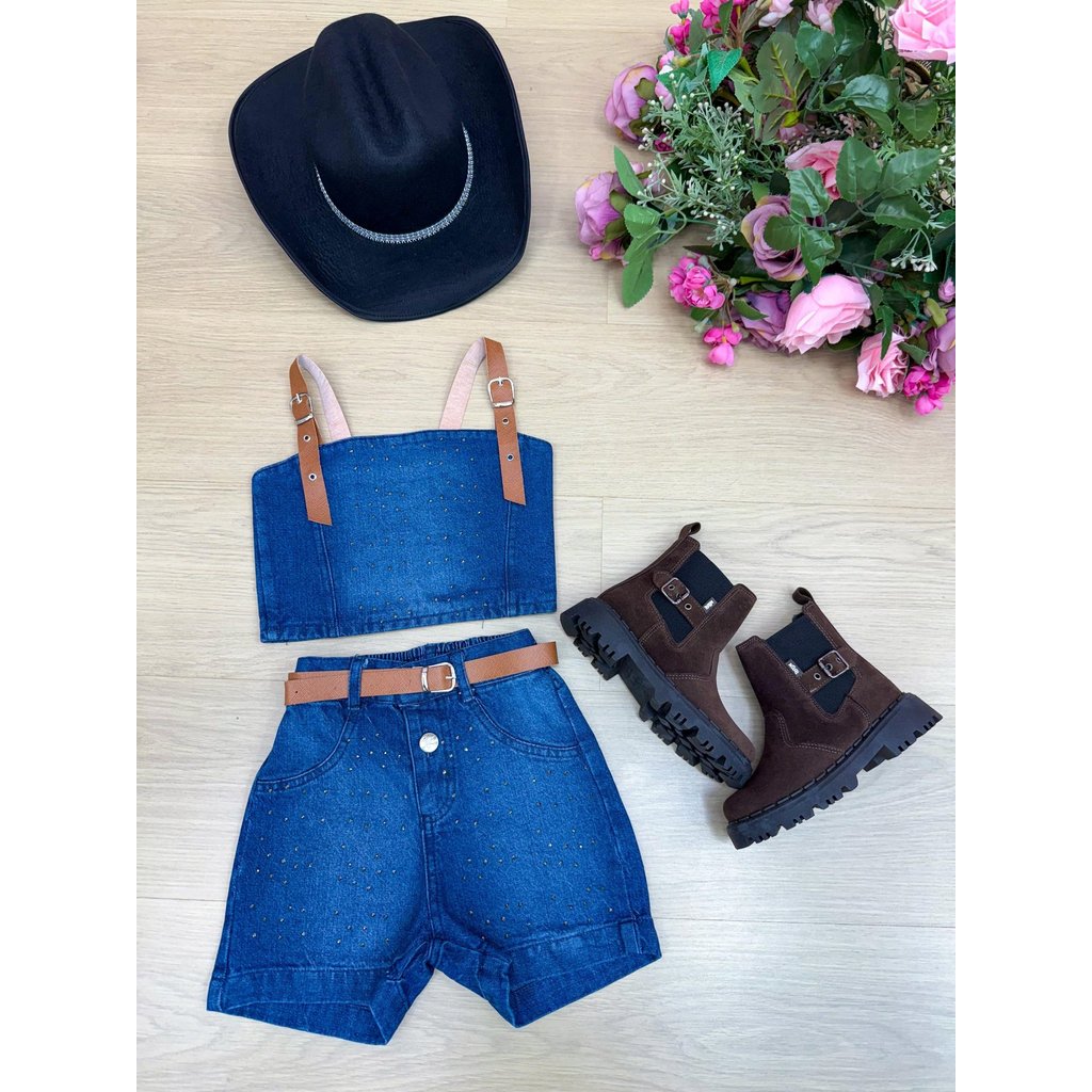 Conjunto Completo Menina Cowgirl Strass Blogueirinha Boiadeira Jeans Infantil e Juvenil- Ana Castela