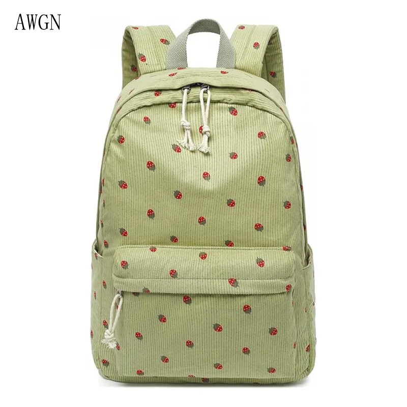 Mochila Escolar de Veludo Cotelê e Morango para Meninas AGOP