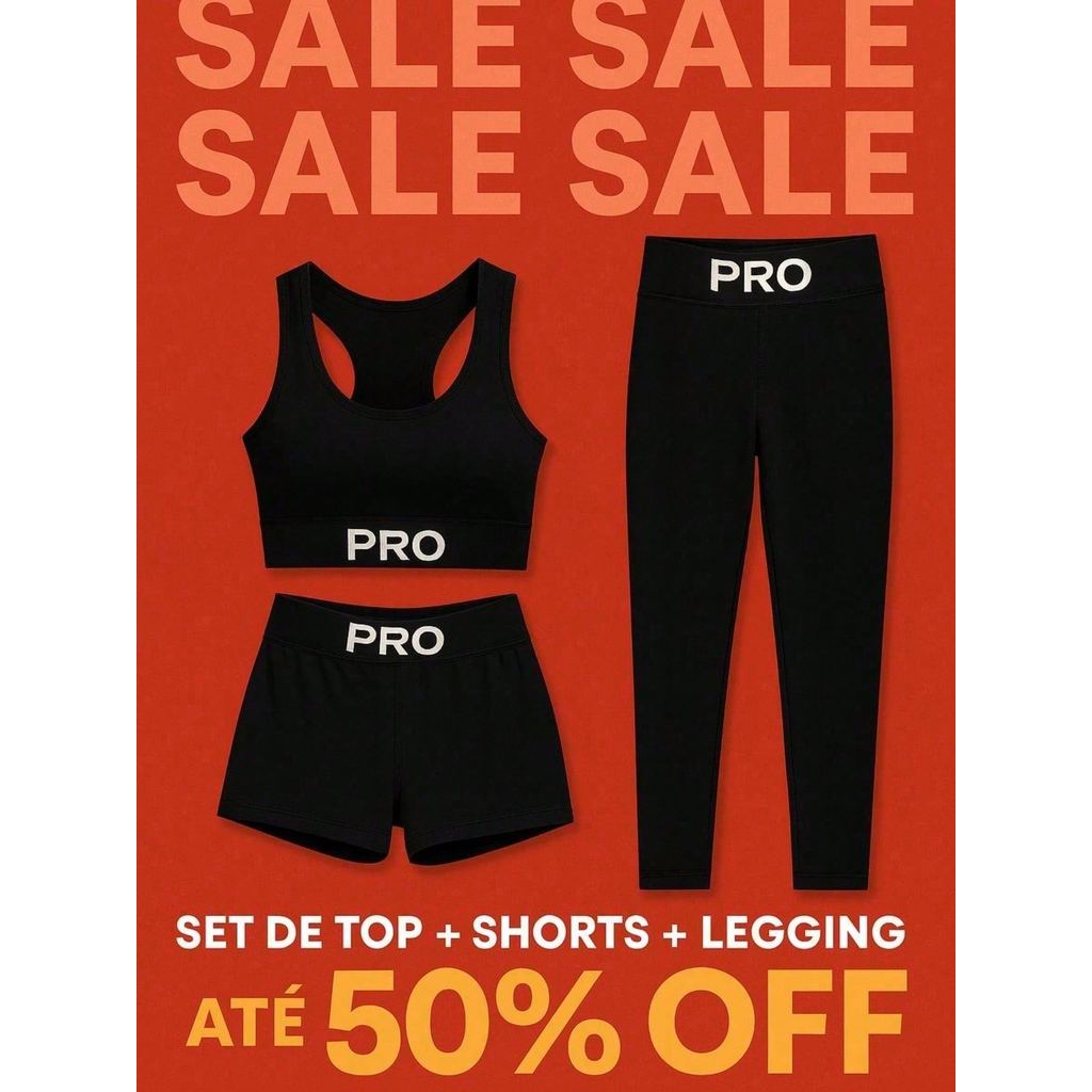 Conjunto Fitness Feminino PRO 3 Peças Top Shorts Legging Academia Compressão Cintura Alta Zero Transparência Promoção