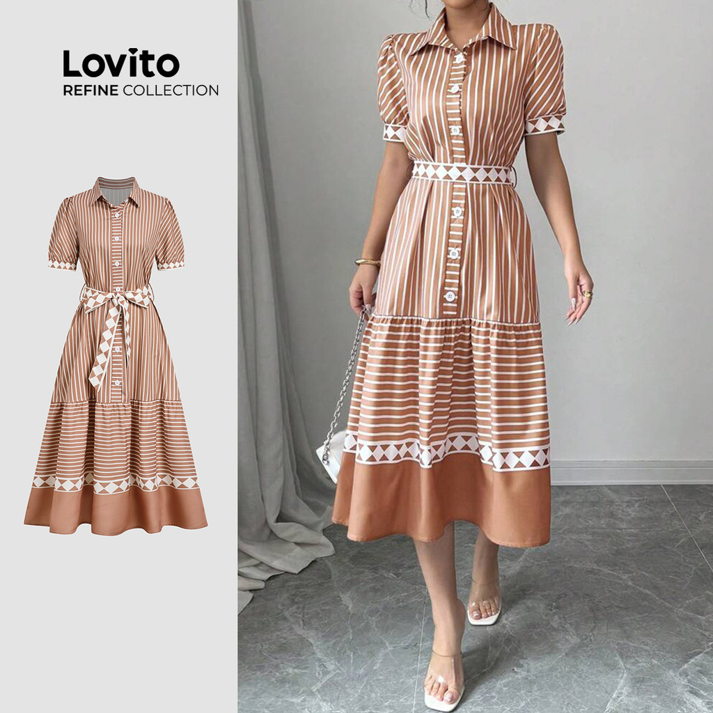 (Lovito Refine)  Vestido Casual Botão Frontal Amarração Primavera/verão para Mulheres LR29L042 em Oferta na Shopee