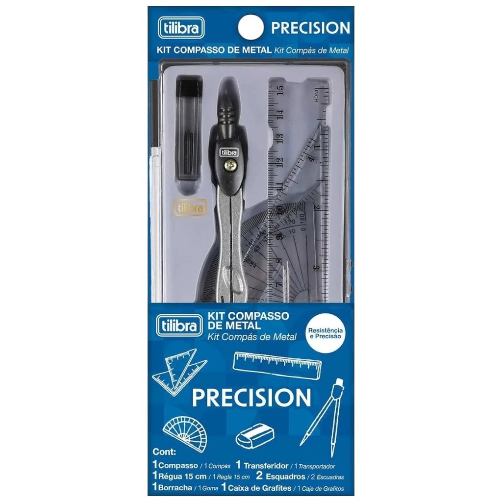Kit Escolar Compasso Metal Réguas Precision 7 Peças Tilibra