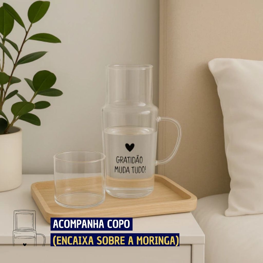 Detalhes do Moringa de água de Vidro com Copo e Frase Gratidao Muda Tudo