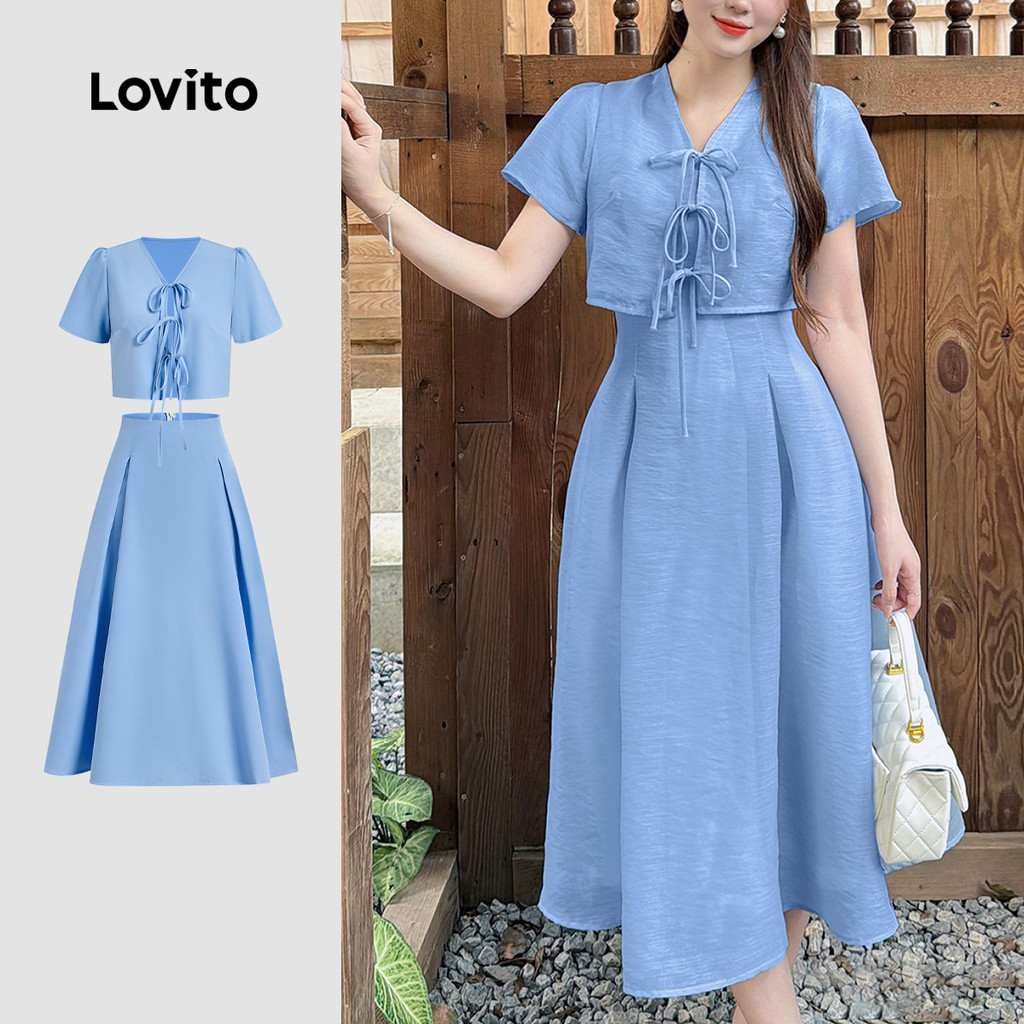 Lovito  Tops ou Bottoms Elegantes Gravata e Estilosa Saia Cinza Azul Primavera/verão para Mulheres L172ED1830 em Oferta na Shopee