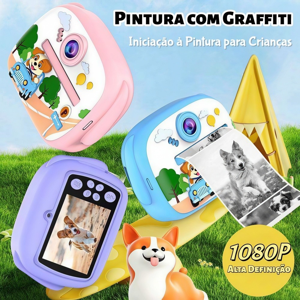 Câmera Digital Térmica Infantil 32GB | Impressão Instantânea Colorida 1080P Pintura de Graffiti Câmera Dupla com Jogos
