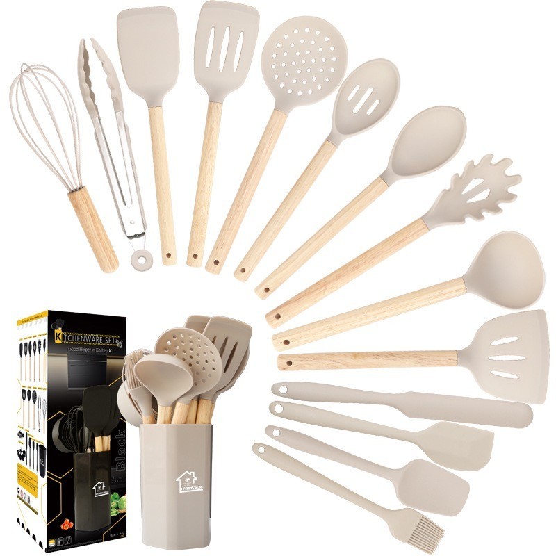 Jogo De Cozinha Kit C/11 ou C/15/ Peças De Premium Silicone Utensílios E Copo Suporte Para Cabo De Madeira em Oferta na Shopee