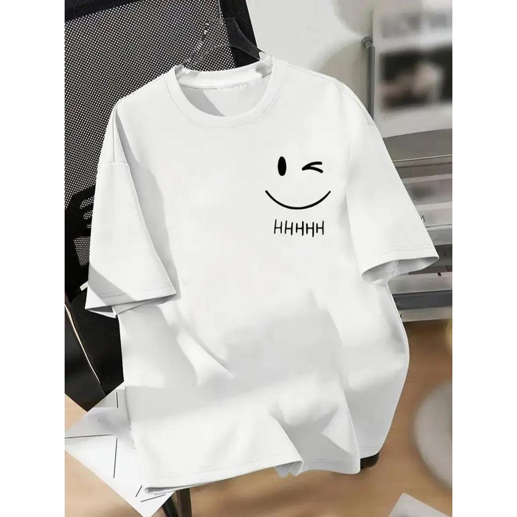 Camiseta Masculina Streetwear Algodão Penteado Infantil Adulto Plus Size Estampa HHHH Rosto piscando Cara moda Minimal