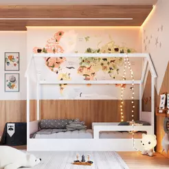 Cama Infantil Casinha Montessoriana Solteiro 188x78 com 2 Regulagens e Proteção Lateral Branco/Rosa