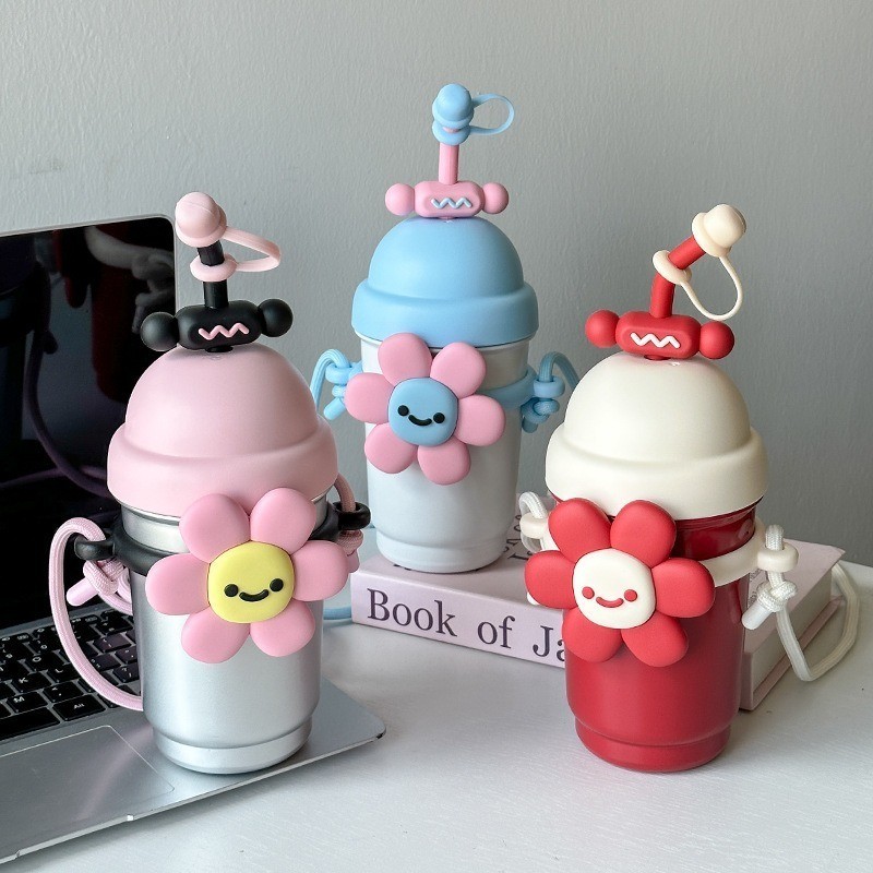 Copo Térmico Infantil com Alça e Canudo Margarida Flor 700ml Garrafa criancas