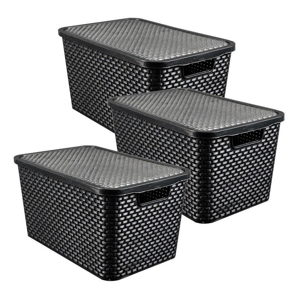 Kit 3 Caixas Organizadora Rattan 7 Litros Com Tampa Preta