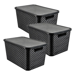 Kit 3 Caixas Organizadora Rattan 7 Litros Com Tampa Preta