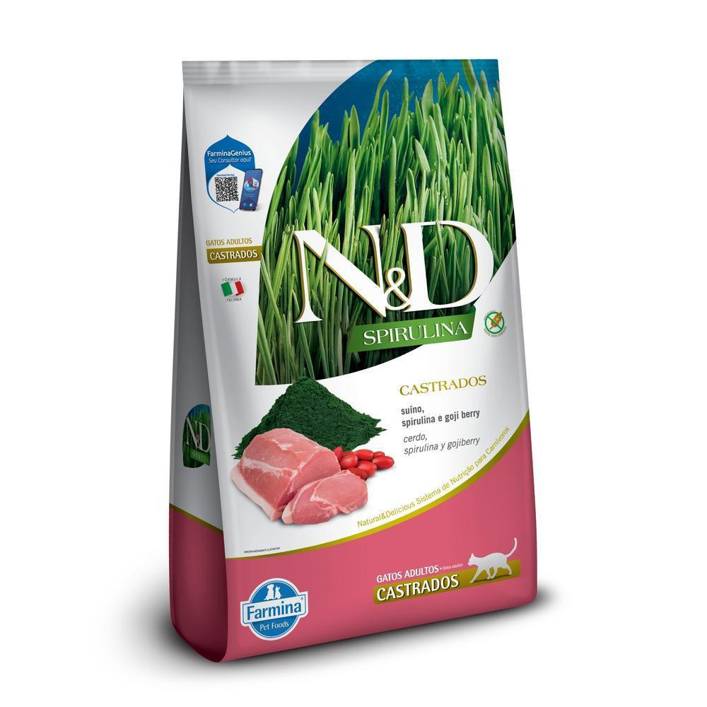 N&D Spirulina para Gatos Adultos de Todas as Raças Sabor Suíno, Spirulina e Goji Berry 7Kg