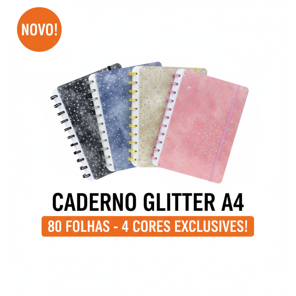 Caderno Inteligente Discos Grande A4 Capa Dura com Gliter com 80 Folhas Escolar Escritorio Faculdade