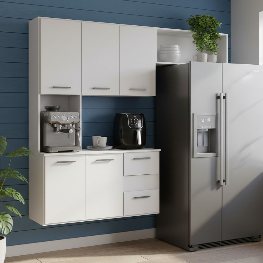QUEIMA DE ESTOQUE - Armário Suspenso para Cozinha Compacta com 5 Portas, 2 Gavetas e Nichos