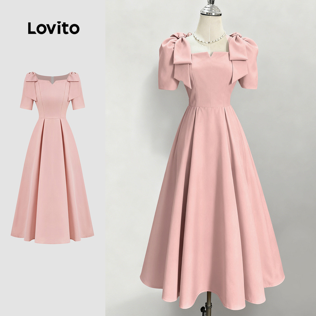 Lovito Midi Elegante Vestido Rosa Primavera/verão Feminino com Laço e Pregas L172ED1166